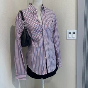 Ralph Lauren striped red white and blue long sleeve button up blouse.